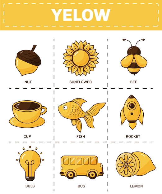 Vector set of yellow objects and vocabulary words in english