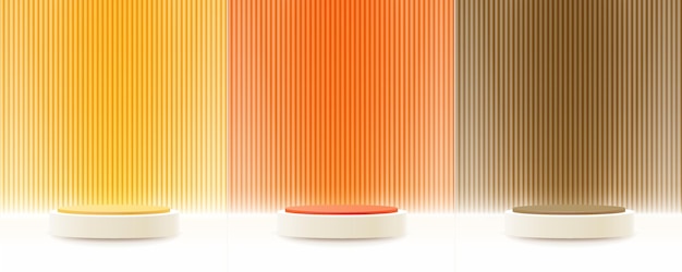 Set of yellow orange and brown realistic 3d cylinder stand podium with abstract scene Abstract vector rendering geometric forms Minimal scene Stage showcase Product display mockup