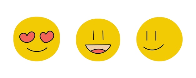 Set of yellow round emojis in love laughing and smiling emoticon messages on social network isolate