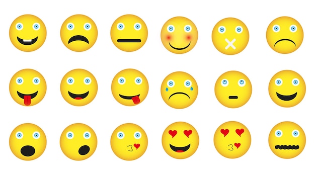 Set of yellow round emoticons, smile, laugh, joyful, sad, angry and crying. vector illustration on a white background. smiling card or banner concept. vector