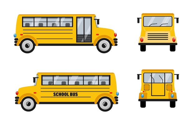 Set di autobus scolastici gialli in stile cartone animato illustrazione vettoriale di autobus scolastici per studenti e diverse angole isolate su sfondo bianco