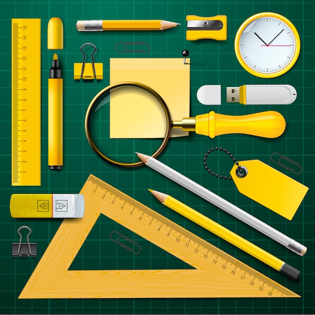 Set of yellow school supplies on the green background,