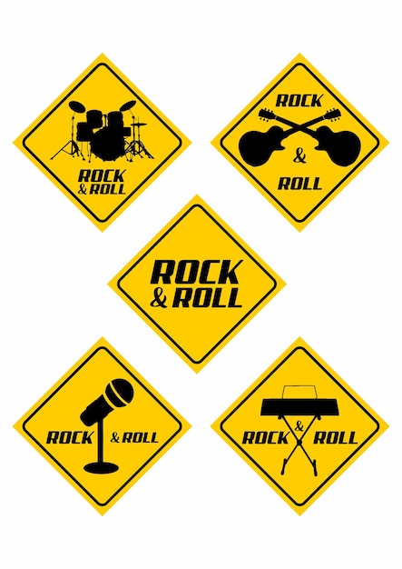 Vector a set of yellow signs with the words rock & roll and roll.