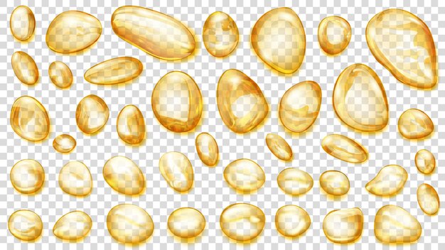 Set of yellow translucent water drops of different shapes, isolated on transparent background. transparency only in vector format