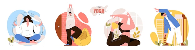 Vettore impostare l'illustrazione del concetto di design piatto yoga dei personaggi delle persone