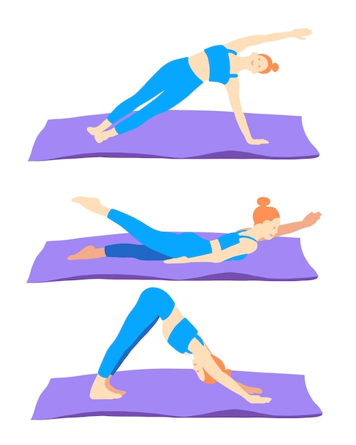 Vettore set di pose yoga e pilates su tappetino di capelli rad ragazza in tuta blu in stile cartone animato piatto