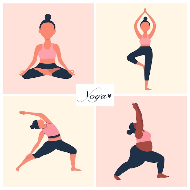 Set of yoga poses in flat design Vector set scenes of women practicing yoga