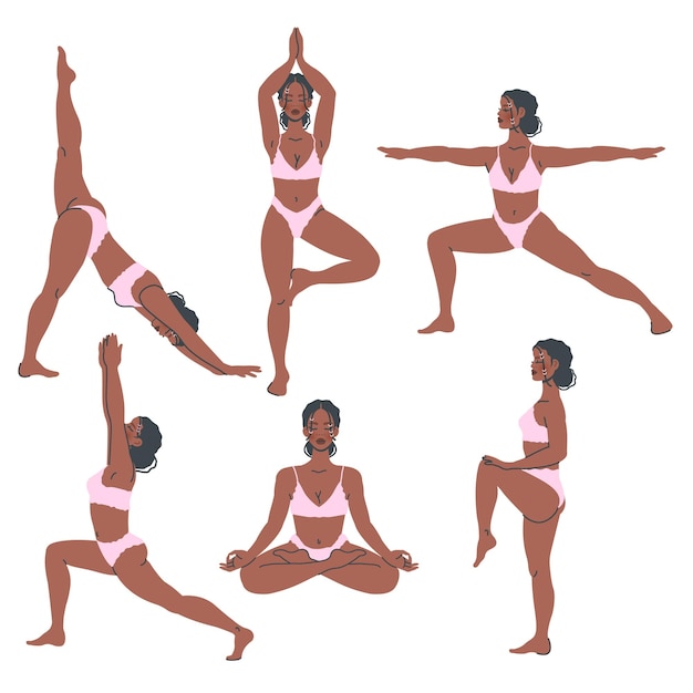 Vettore set di pose yoga giovane ragazza nera si allunga pratica di respirazione meditativa illustrazione piatta vettoriale per poster banner stile di vita sano