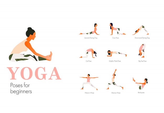 Set of yoga postures female figures for beginners. woman figures exercise in printed sportswear. flat style.