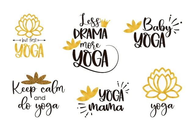 Vector set of yoga symbols and inscriptions lotus flower and yoga logo