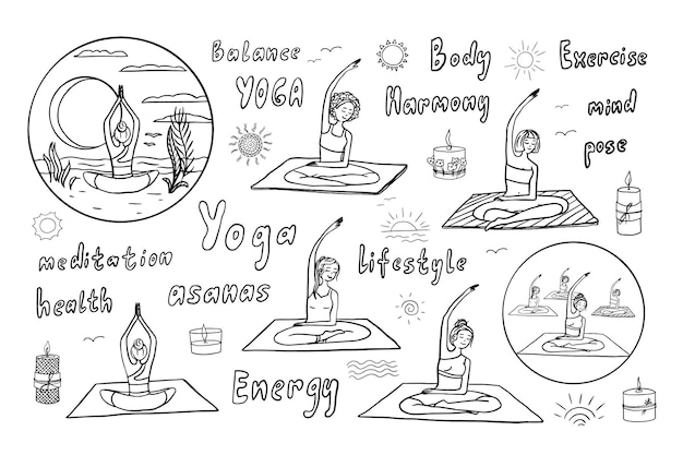 Vector set of yoga theme doodle style candles sun balance body mind energy fitness health asanas