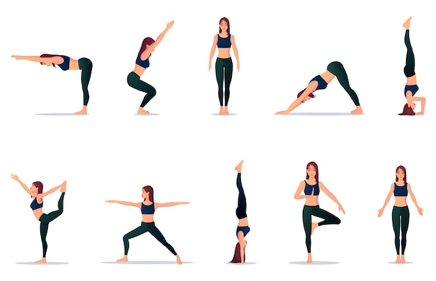 Set yogahoudingen, collectie fitnesshoudingen premium illustraties