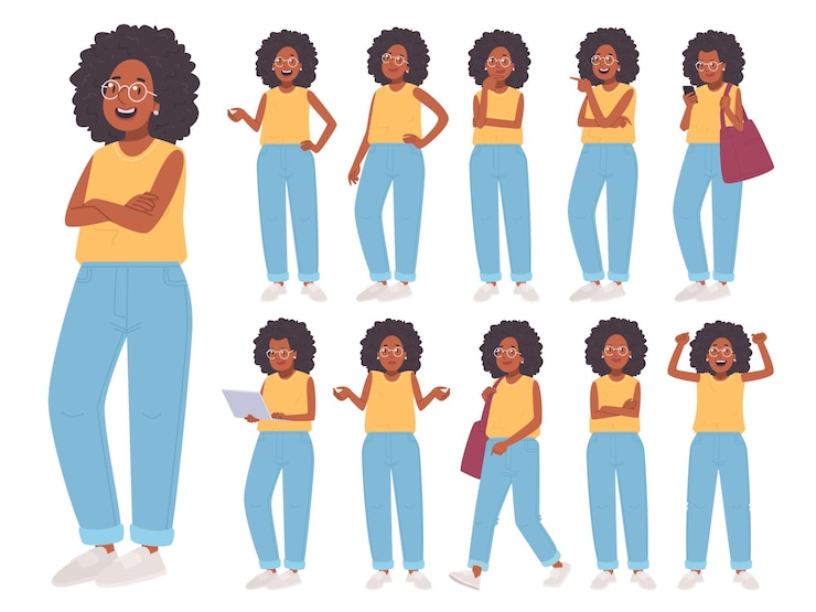 Vector set of young african american woman character on white background happy black girl_ai_generated