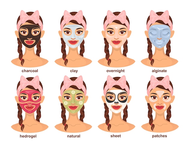 Vector set of young beautiful woman in different types of face masks. skin care, tightening and moisturizing. various spa treatments for facial skin.