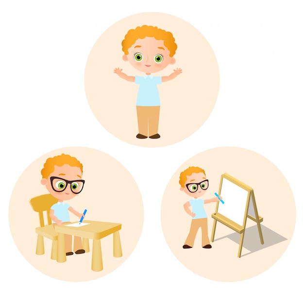 Vector set young boy - paints sitting at a school desk, drawing whiteboard.