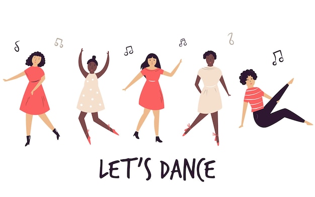 Set of young dancing happy girls Vintage vector illustration Concept for print
