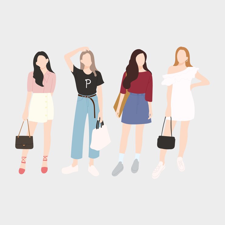 Vector 젊은 패션 여성, 세련된 여자의 집합입니다. 평면 디자인. 벡터 일러스트 레이 션.
