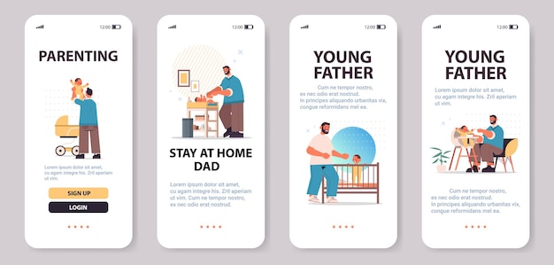 Set young father playing with little son fatherhood concept dad spending time with his kid smartphone screens collection full length horizontal copy space vector illustration