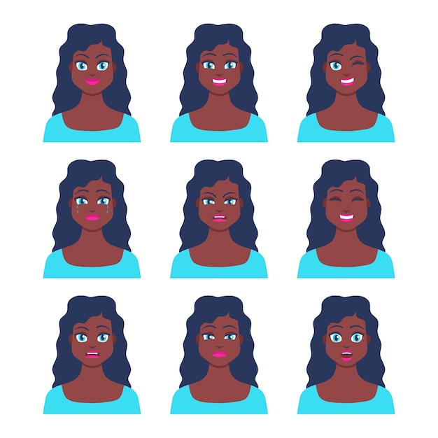 Set of young female avatar icon with emotions in cartoon style