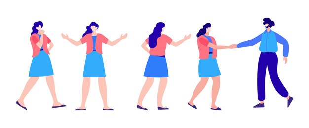 Vector set of young female character in different poses and congratulating male flat illustration