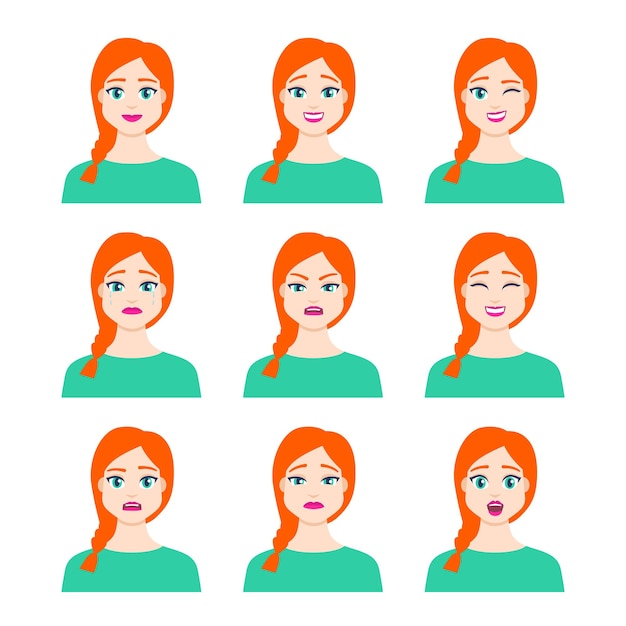 Vector set of young female icon with emotions in cartoon style flat design