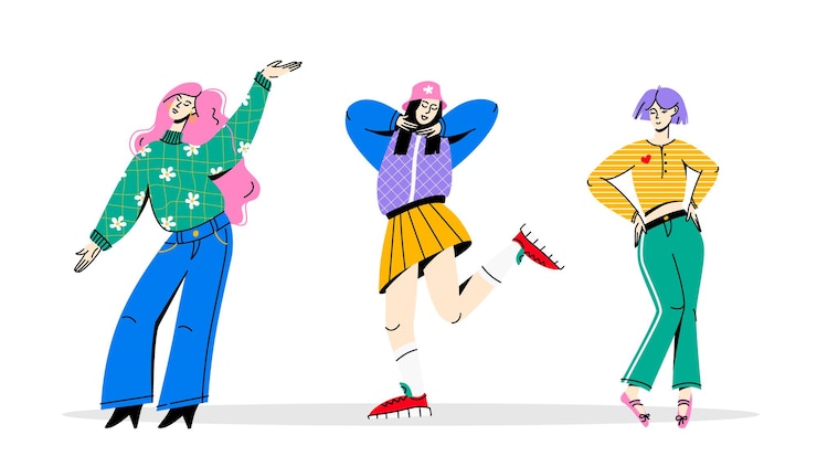 Vector 다양한 자유 포즈의 젊은 여성들의 세트 페미니즘과 자기 사랑 개념 평평한 터 일러스트레이션