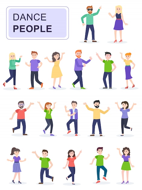 Vector set of young happy dancing people.