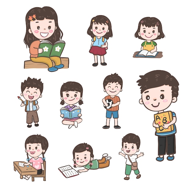 幼い子供学生のキャラクター学習イラストのセット