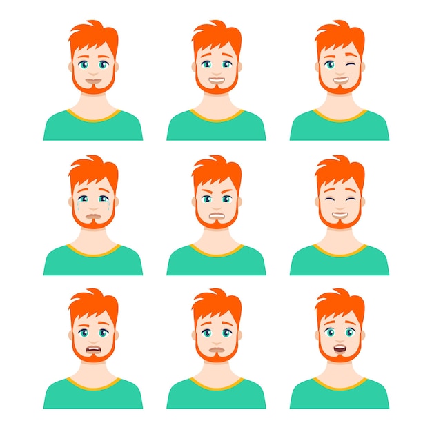 Vector set of young male icon with emotions characters portraits in flat design