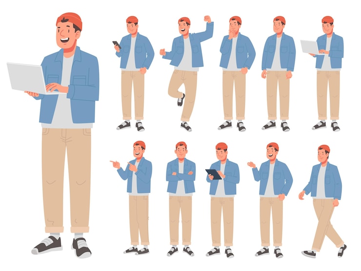 Vector set of young man character in various actions happy it specialist gadgets_ai_generated