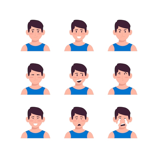Set di espressioni facciali di giovani uomini avatars vector