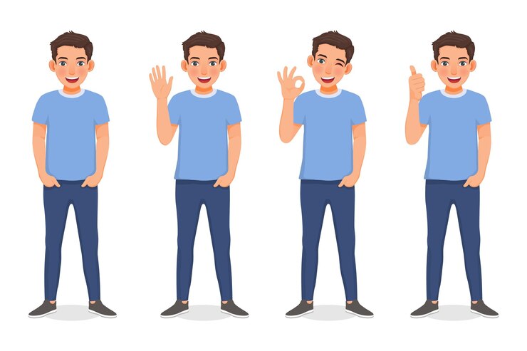 Vector set of young man showing different posing gestures and hand signs expressions