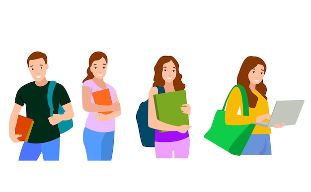 다양한 색의 젊은 남자와 여자의 세트 만화 캐릭터 그룹 서있는 사업가들의 실루 학생들은  바탕에 고립 된 평평한 아이콘의 개념을 설계합니다.
