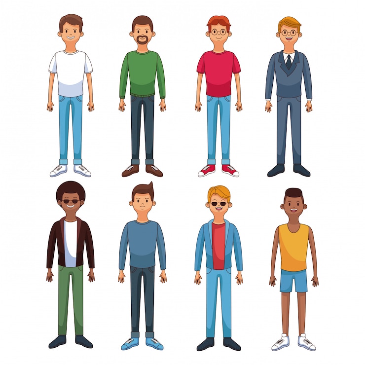 Vector set of young mens in round icons 