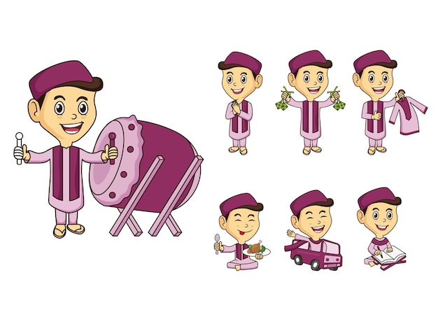 Vector set of young muslim man celebrate eid