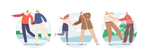 Vector set young pairs wintertime holidays and christmas vacation fun on ice rink happy loving couples in warm clothes skating