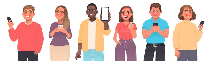 Vector set of young people phones men women hold smartphone hands communication internet social networks