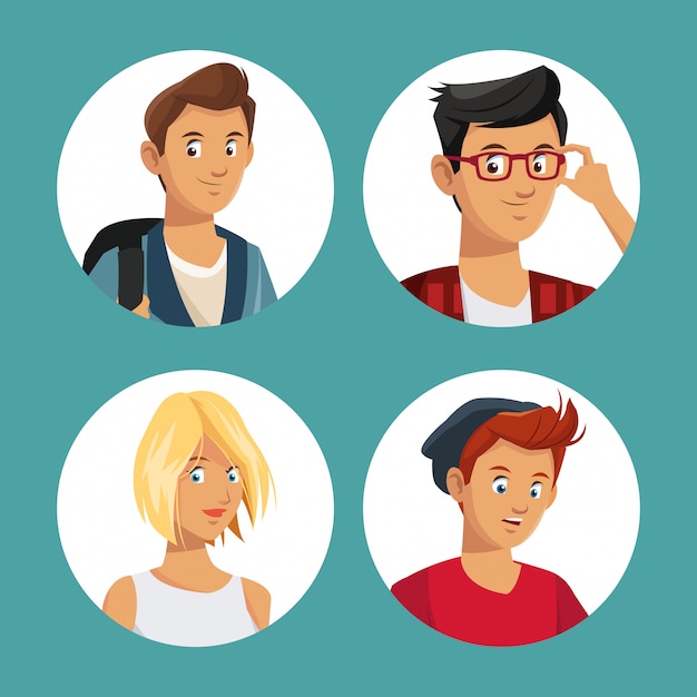 Set of young people in round icons