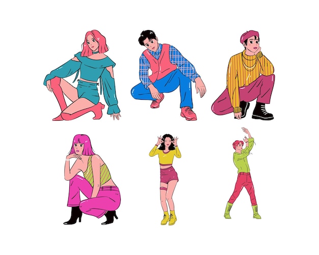 Set of young people in trendy clothes flat style vector illustration