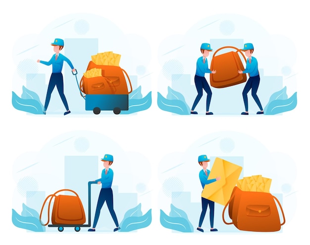 Vector set of young postman working with letter and parcel