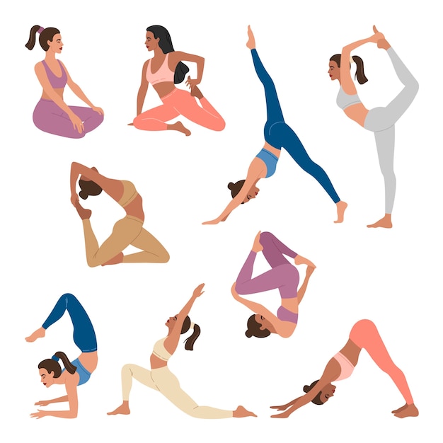 set of young sports girls doing yoga exercises, 9 different poses of asanas.