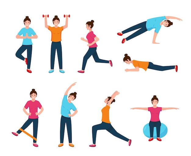 Vector set of young woman doing sport exercise