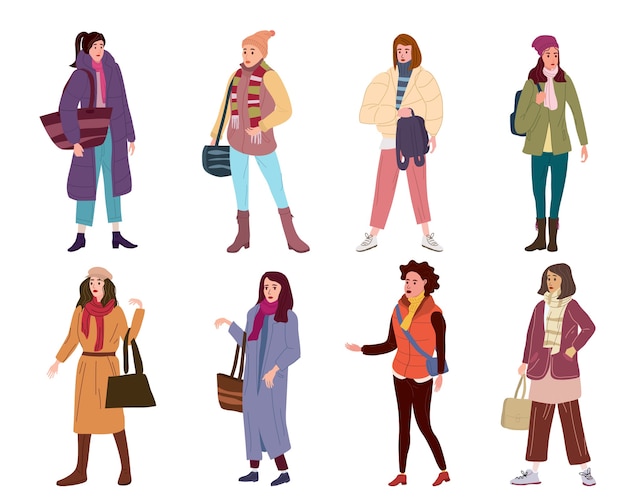 Vector set young womans characters in trendy clothes street fashionable style outwear female.