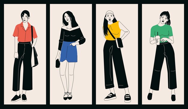 Vector set of young women dressed in stylish trendy clothes. fashion look. female models standing