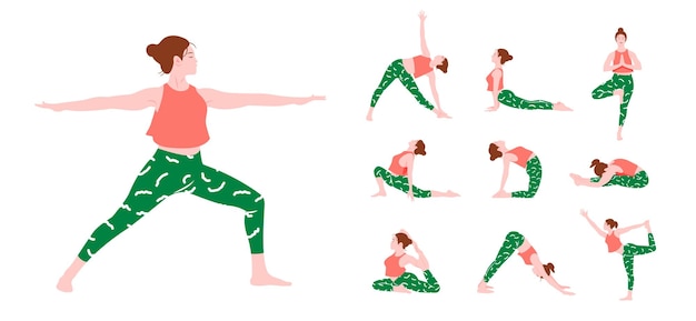 Vector set of young women with short hair wearing colorful sportswear doing yoga