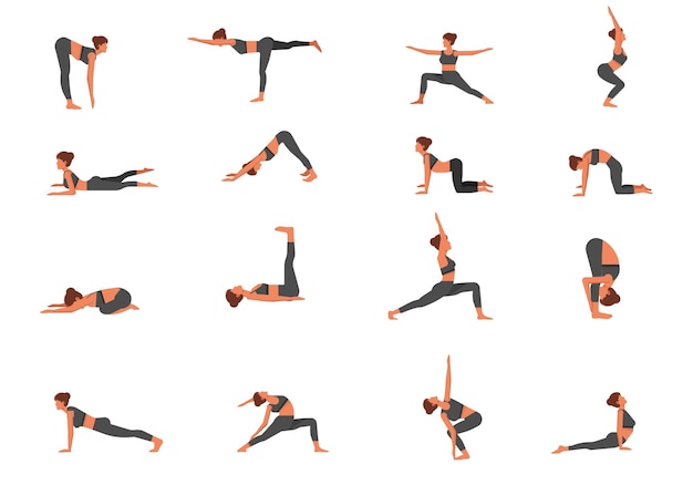 A set of young women with a slim figure doing yoga Healthy lifestyle Collection of female cartoon characters performing various yoga poses on white background Vector