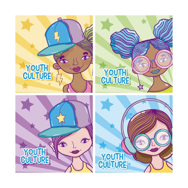 Set of youth culture cartoons