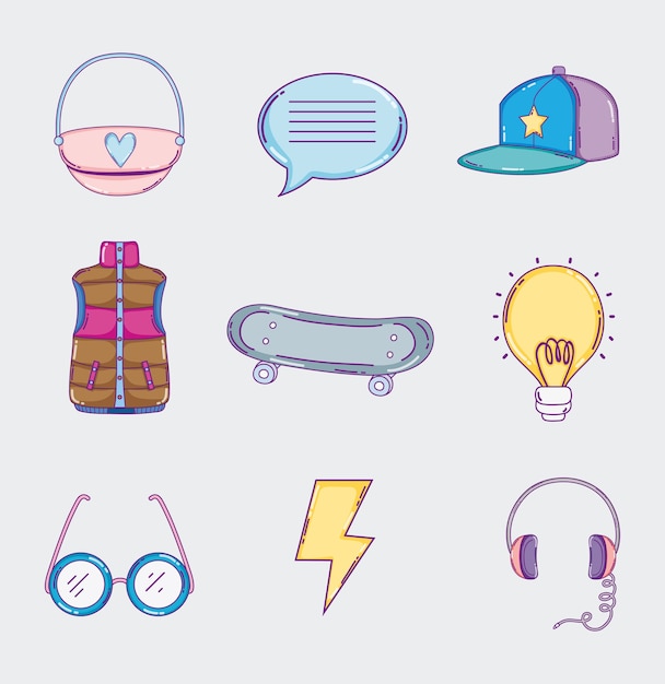 Set of youth culture icons cartoons vector illustration graphic design