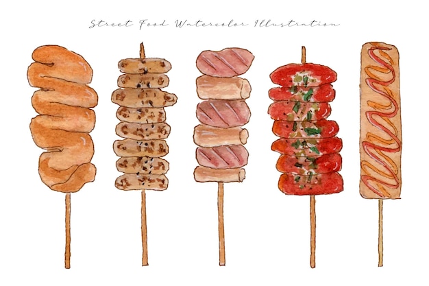 a set of yummy street food watercolor illustration