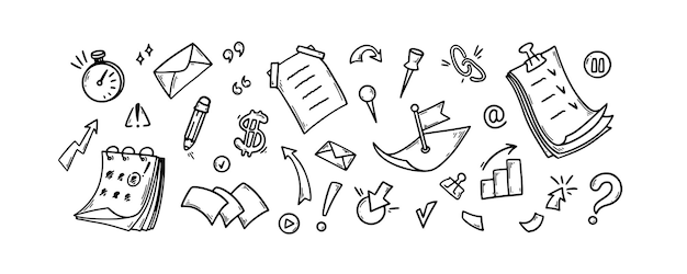 Set zakelijke kantoor doodle elementen Hand getrokken stationaire pijl vliegende stapel papier